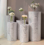 Set of 5 Silver Sequin Mesh Cylinder Pedestal Stand Covers with Geometric Pattern Embroidery, Sparkly Sheer Tulle Pillar Prop Covers - Bell Racket Store