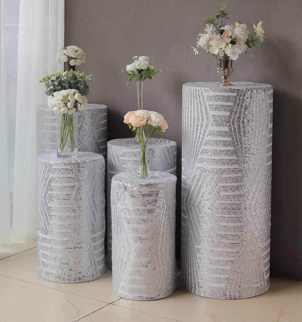 Set of 5 Silver Sequin Mesh Cylinder Pedestal Stand Covers with Geometric Pattern Embroidery, Sparkly Sheer Tulle Pillar Prop Covers - Bell Racket Store