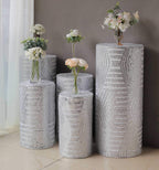 Set of 5 Silver Sequin Mesh Cylinder Pedestal Stand Covers with Geometric Pattern Embroidery, Sparkly Sheer Tulle Pillar Prop Covers - Bell Racket Store