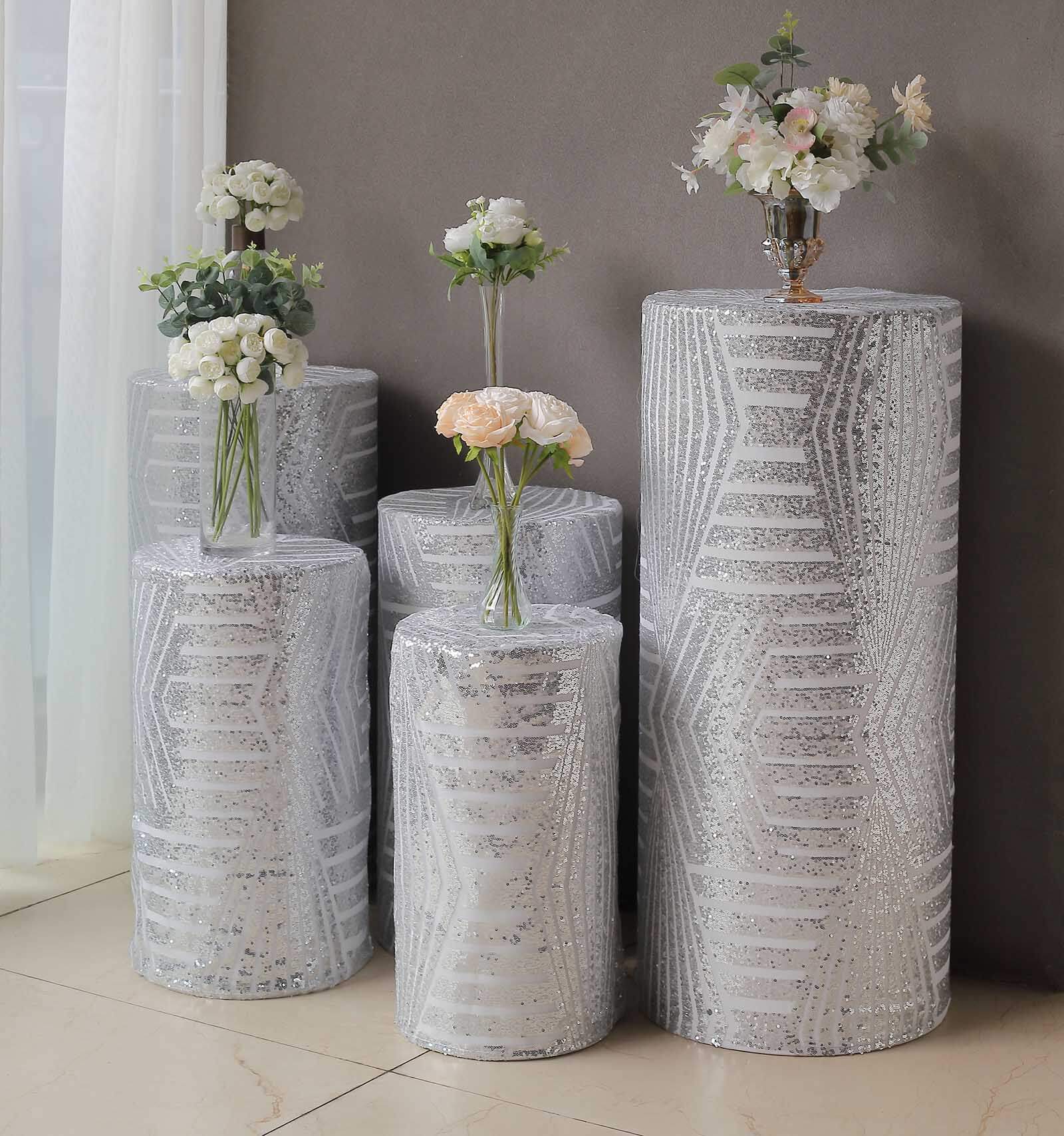 Set of 5 Silver Sequin Mesh Cylinder Pedestal Stand Covers with Geometric Pattern Embroidery, Sparkly Sheer Tulle Pillar Prop Covers - Bell Racket Store