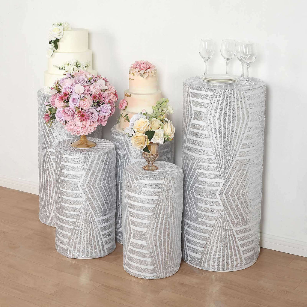 Set of 5 Silver Sequin Mesh Cylinder Pedestal Stand Covers with Geometric Pattern Embroidery, Sparkly Sheer Tulle Pillar Prop Covers - Bell Racket Store