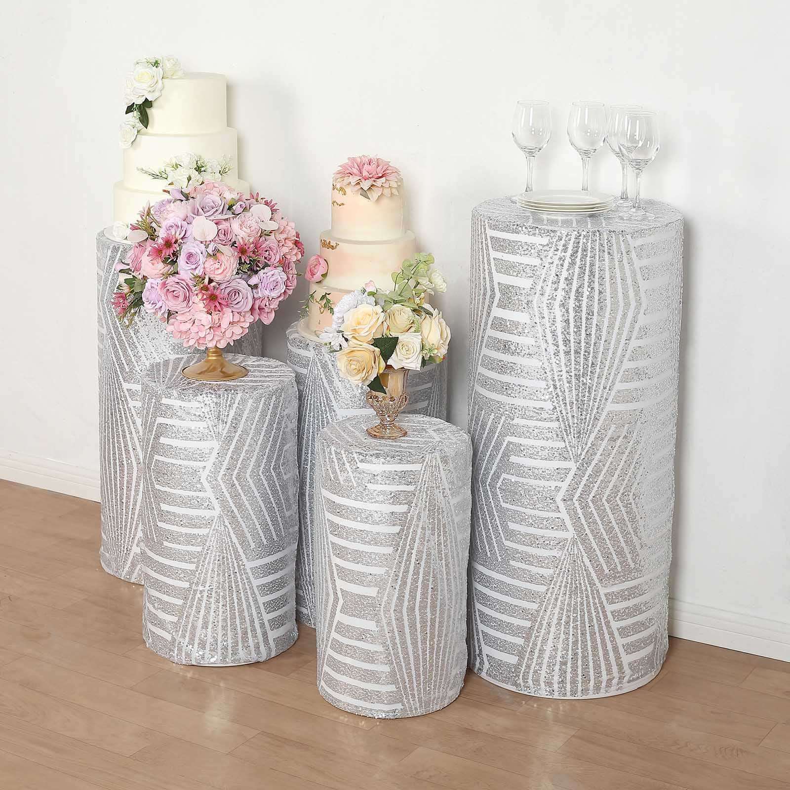 Set of 5 Silver Sequin Mesh Cylinder Pedestal Stand Covers with Geometric Pattern Embroidery, Sparkly Sheer Tulle Pillar Prop Covers - Bell Racket Store