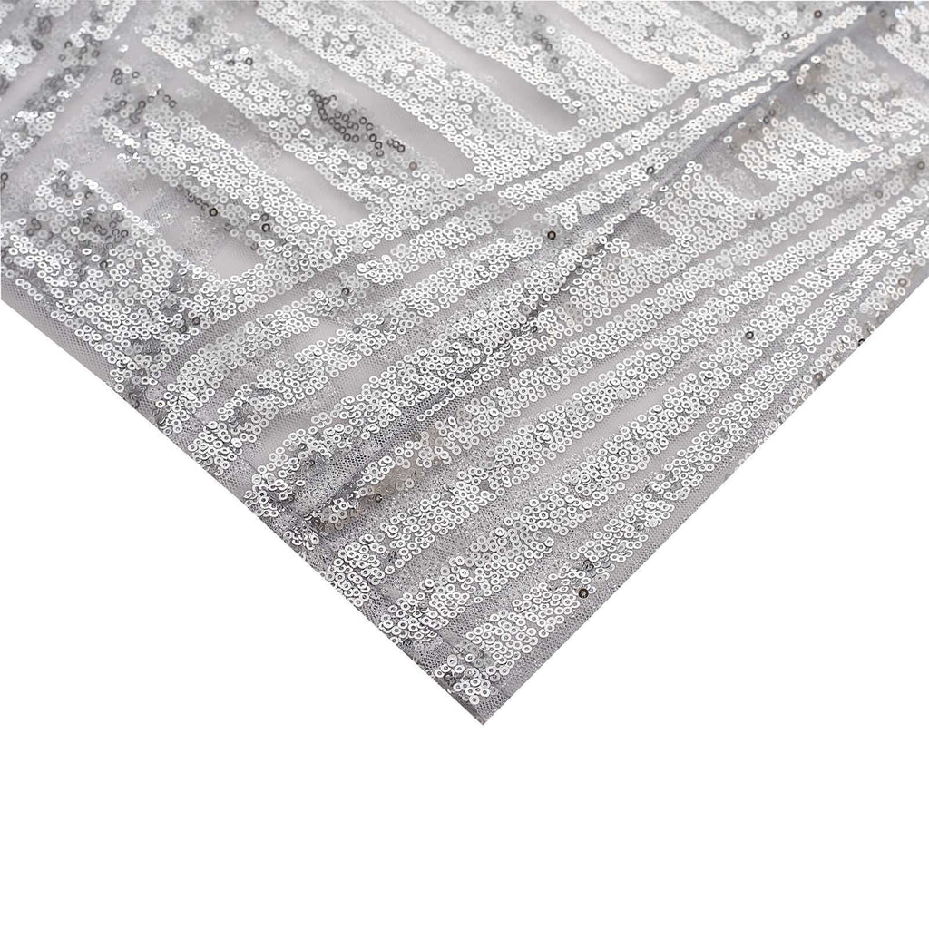 Set of 5 Silver Sequin Mesh Cylinder Pedestal Stand Covers with Geometric Pattern Embroidery, Sparkly Sheer Tulle Pillar Prop Covers - Bell Racket Store