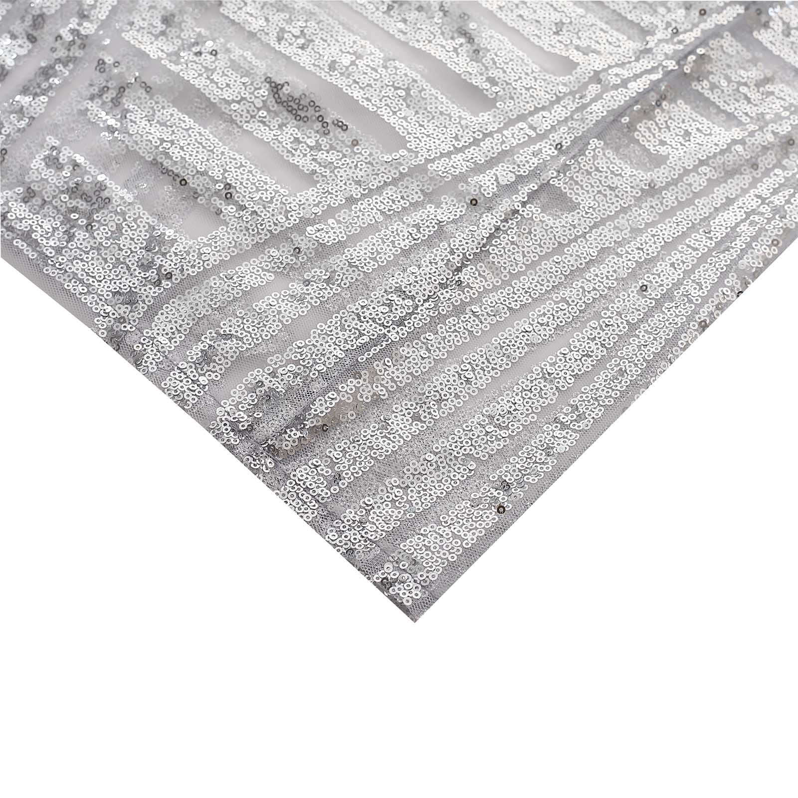 Set of 5 Silver Sequin Mesh Cylinder Pedestal Stand Covers with Geometric Pattern Embroidery, Sparkly Sheer Tulle Pillar Prop Covers - Bell Racket Store