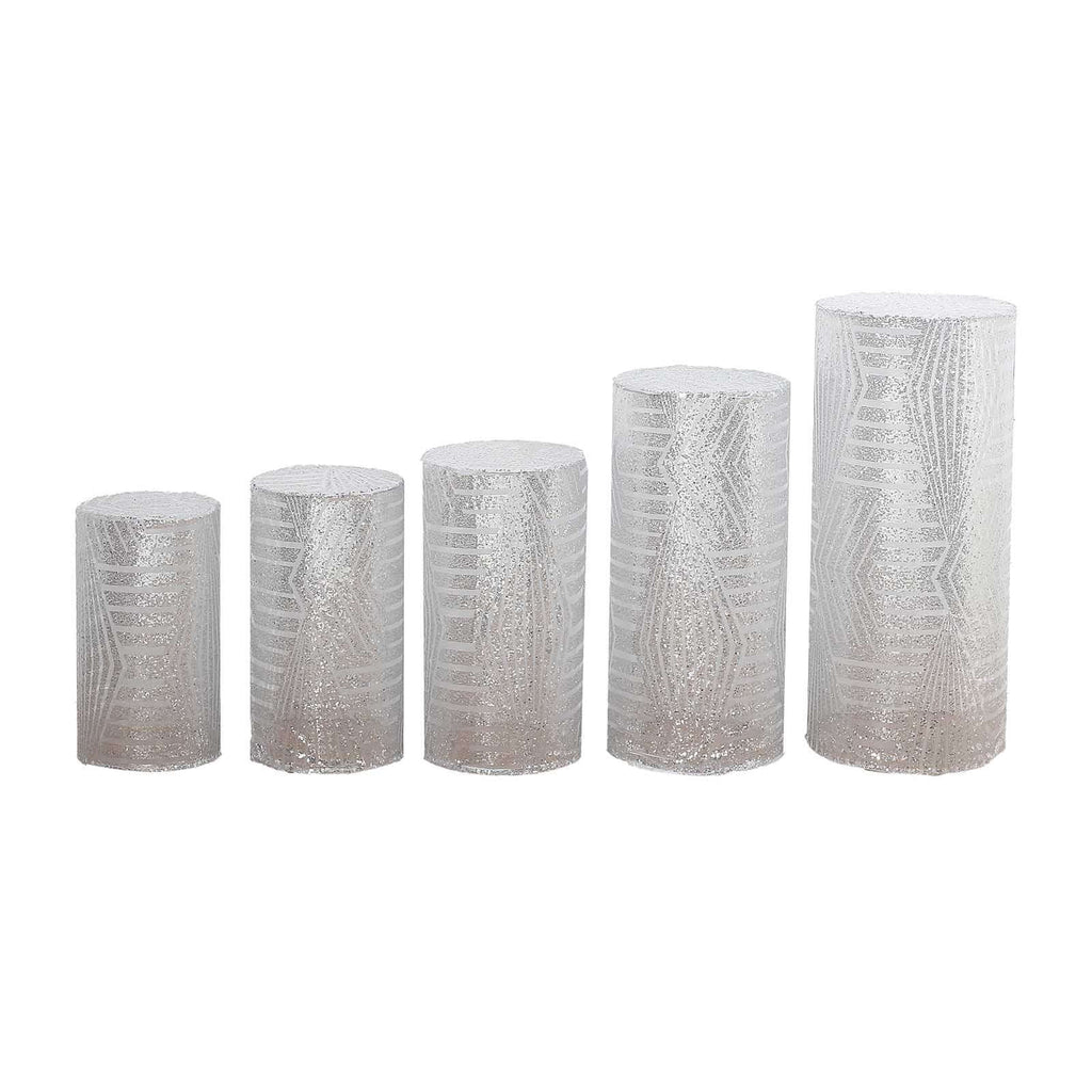 Set of 5 Silver Sequin Mesh Cylinder Pedestal Stand Covers with Geometric Pattern Embroidery, Sparkly Sheer Tulle Pillar Prop Covers - Bell Racket Store