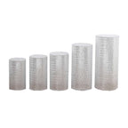 Set of 5 Silver Sequin Mesh Cylinder Pedestal Stand Covers with Geometric Pattern Embroidery, Sparkly Sheer Tulle Pillar Prop Covers - Bell Racket Store