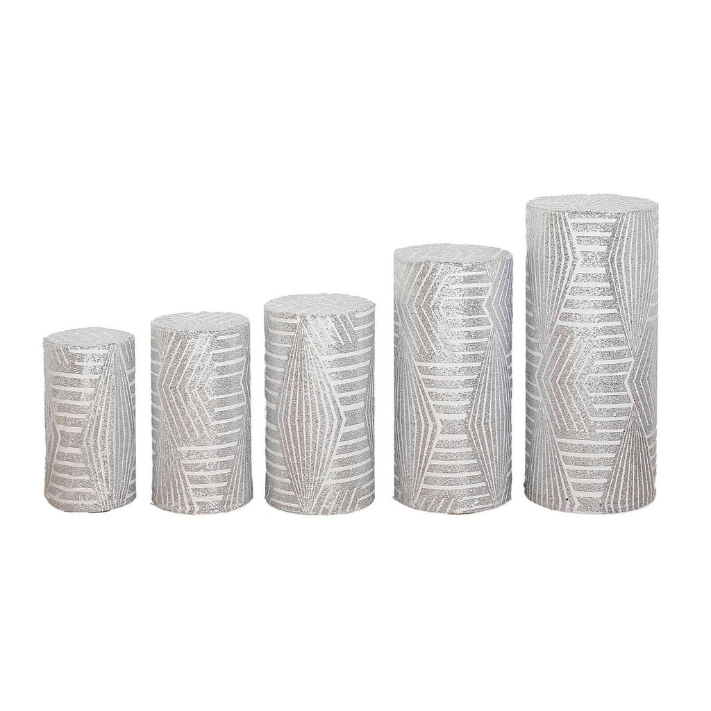 Set of 5 Silver Sequin Mesh Cylinder Pedestal Stand Covers with Geometric Pattern Embroidery, Sparkly Sheer Tulle Pillar Prop Covers - Bell Racket Store