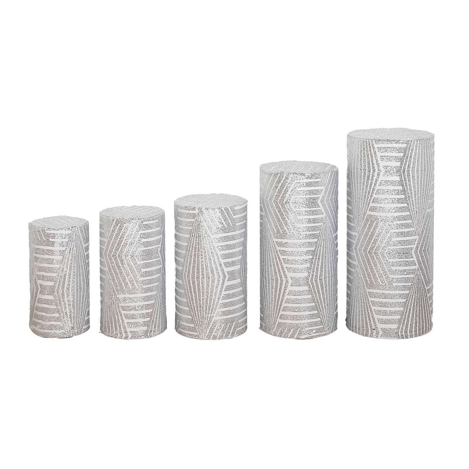 Set of 5 Silver Sequin Mesh Cylinder Pedestal Stand Covers with Geometric Pattern Embroidery, Sparkly Sheer Tulle Pillar Prop Covers - Bell Racket Store