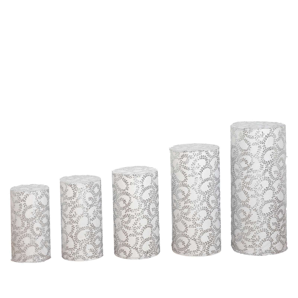 Set of 5 Silver Sequin Mesh Cylinder Pedestal Stand Covers with Leaf Vine Embroidery, Sparkly Sheer Tulle Pillar Prop Covers - Bell Racket Store