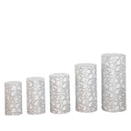 Set of 5 Silver Sequin Mesh Cylinder Pedestal Stand Covers with Leaf Vine Embroidery, Sparkly Sheer Tulle Pillar Prop Covers - Bell Racket Store