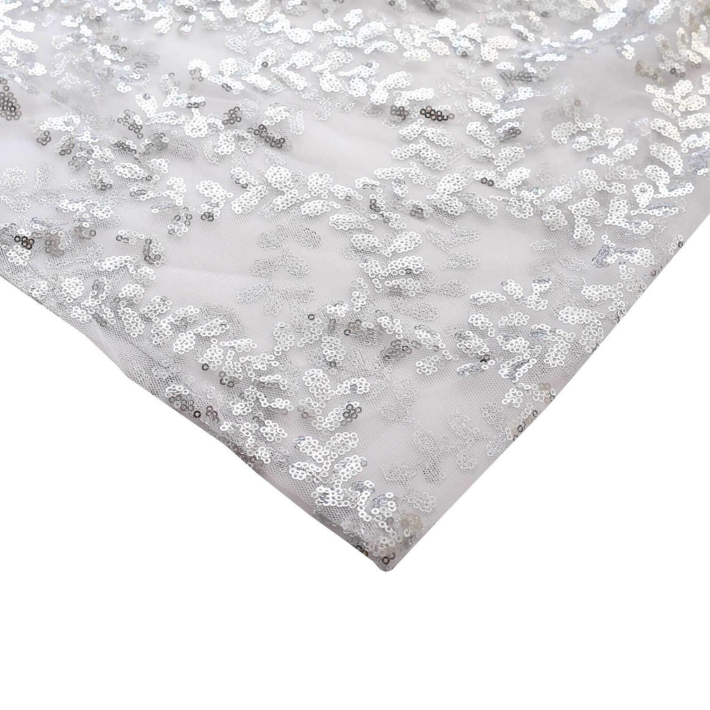 Set of 5 Silver Sequin Mesh Cylinder Pedestal Stand Covers with Leaf Vine Embroidery, Sparkly Sheer Tulle Pillar Prop Covers - Bell Racket Store