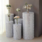 Set of 5 Silver Sequin Mesh Cylinder Pedestal Stand Covers with Leaf Vine Embroidery, Sparkly Sheer Tulle Pillar Prop Covers - Bell Racket Store