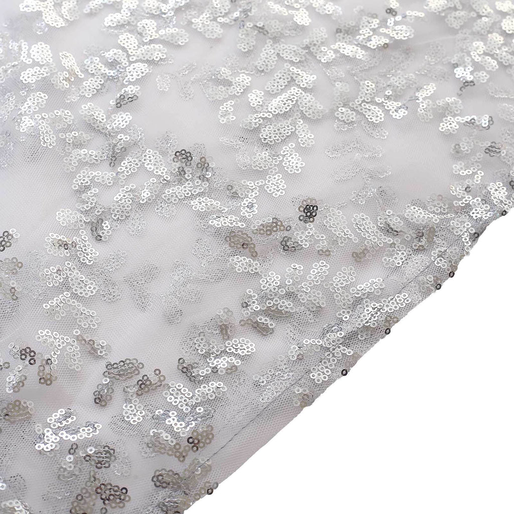 Set of 5 Silver Sequin Mesh Cylinder Pedestal Stand Covers with Leaf Vine Embroidery, Sparkly Sheer Tulle Pillar Prop Covers - Bell Racket Store