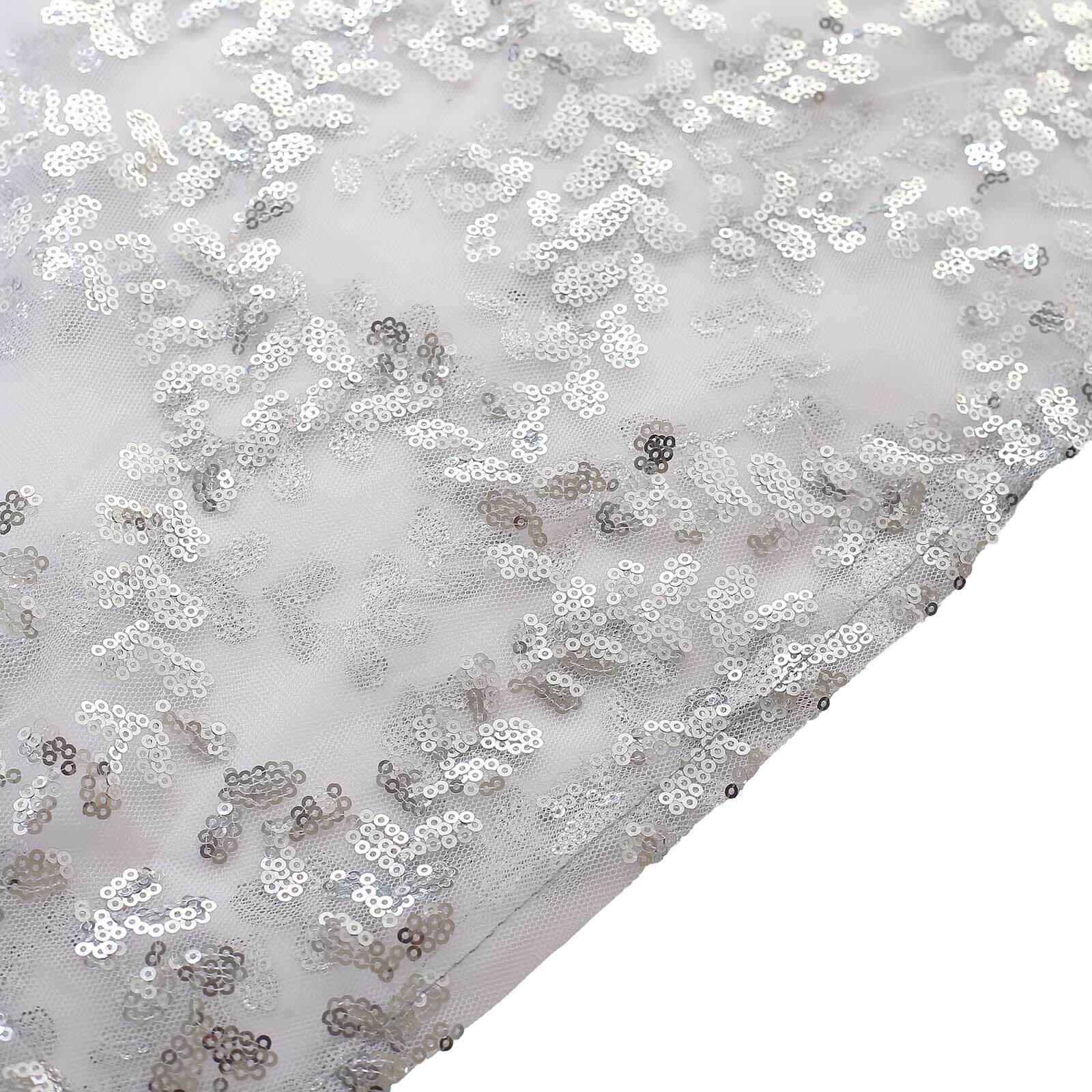 Set of 5 Silver Sequin Mesh Cylinder Pedestal Stand Covers with Leaf Vine Embroidery, Sparkly Sheer Tulle Pillar Prop Covers - Bell Racket Store