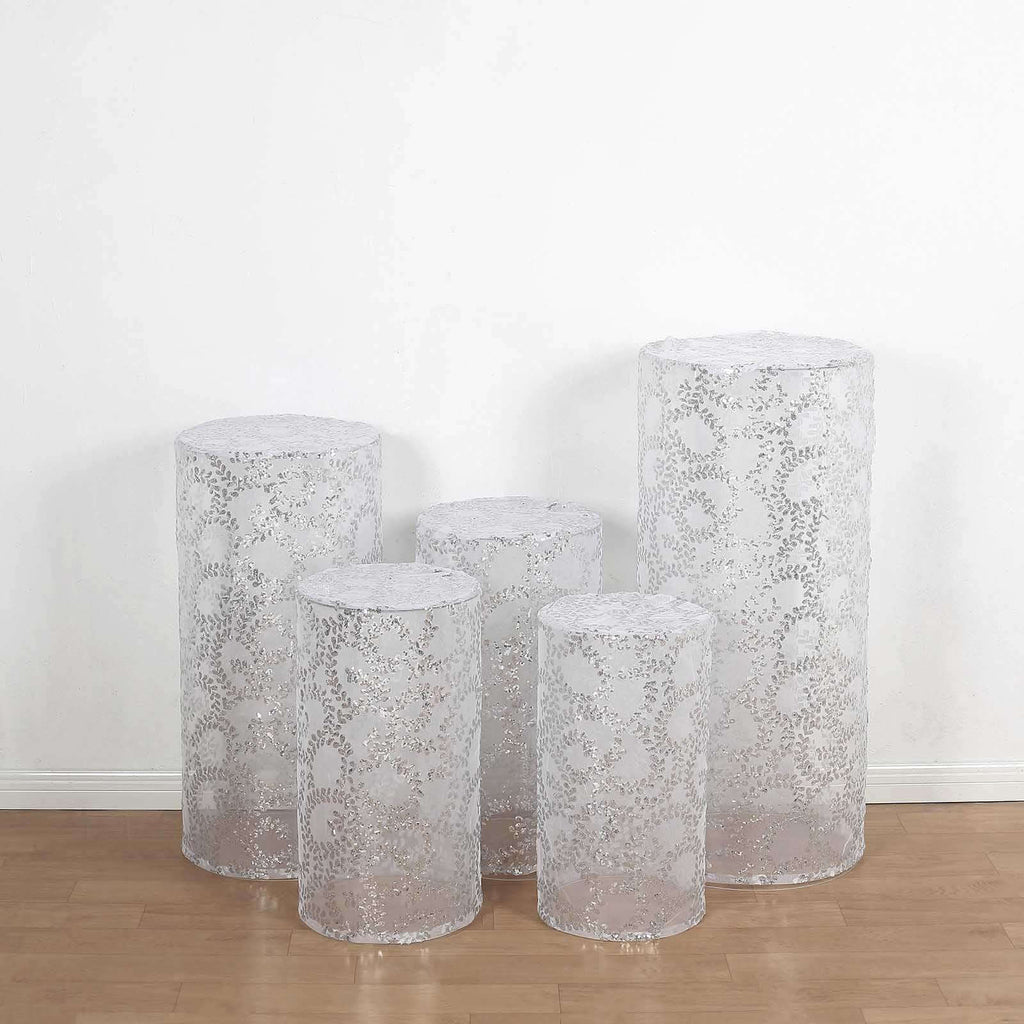 Set of 5 Silver Sequin Mesh Cylinder Pedestal Stand Covers with Leaf Vine Embroidery, Sparkly Sheer Tulle Pillar Prop Covers - Bell Racket Store
