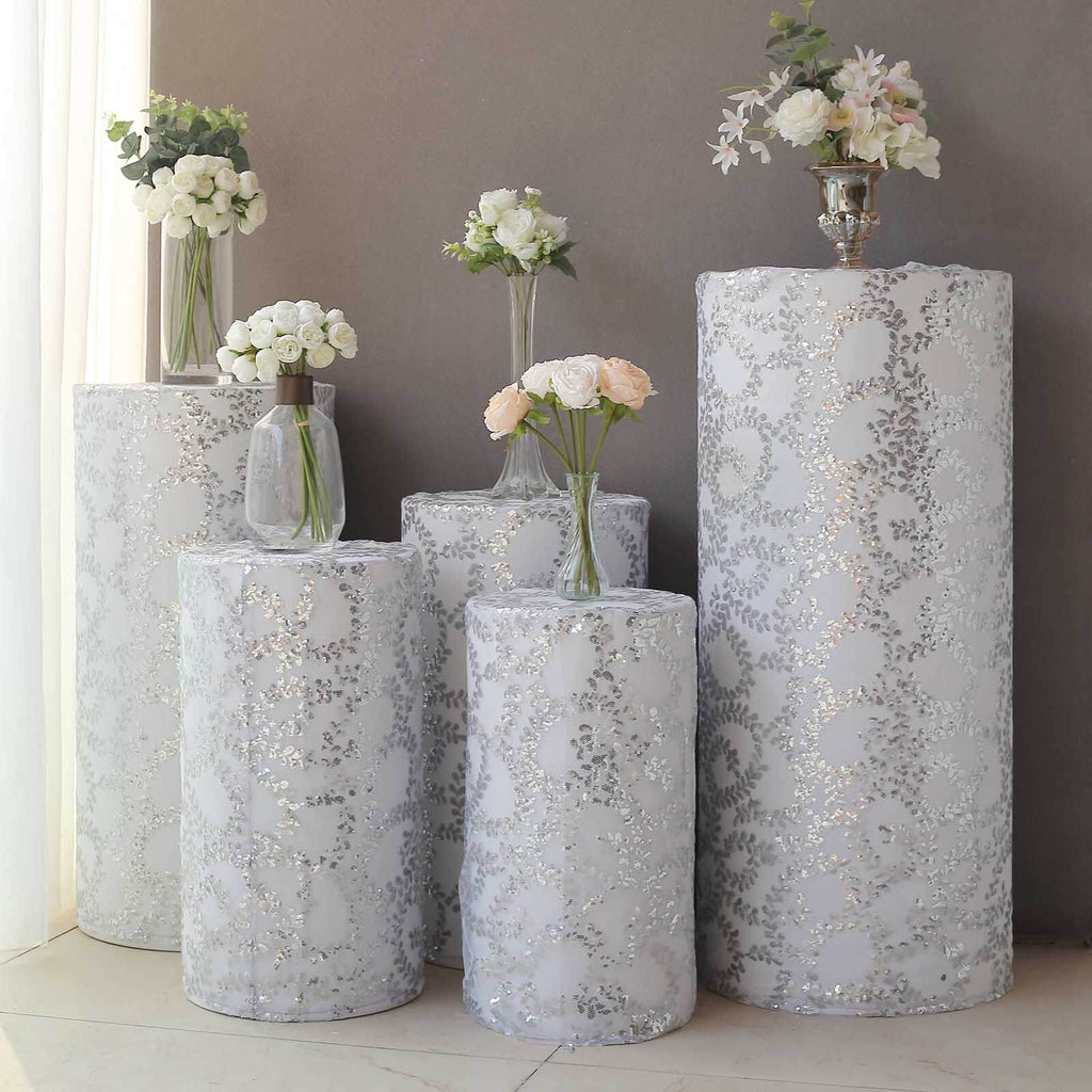 Set of 5 Silver Sequin Mesh Cylinder Pedestal Stand Covers with Leaf Vine Embroidery, Sparkly Sheer Tulle Pillar Prop Covers - Bell Racket Store