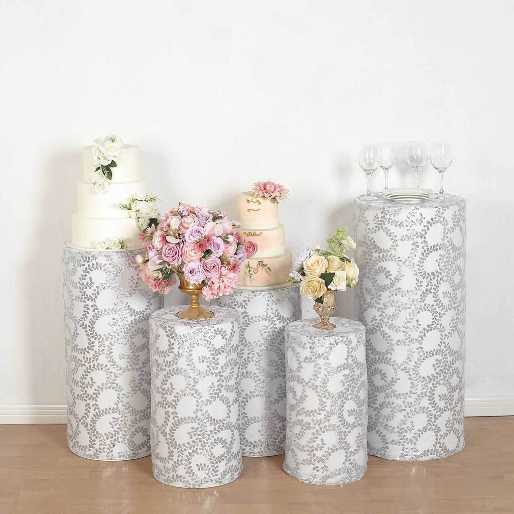 Set of 5 Silver Sequin Mesh Cylinder Pedestal Stand Covers with Leaf Vine Embroidery, Sparkly Sheer Tulle Pillar Prop Covers - Bell Racket Store
