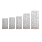 Set of 5 Silver Sequin Mesh Cylinder Pedestal Stand Covers with Leaf Vine Embroidery, Sparkly Sheer Tulle Pillar Prop Covers - Bell Racket Store