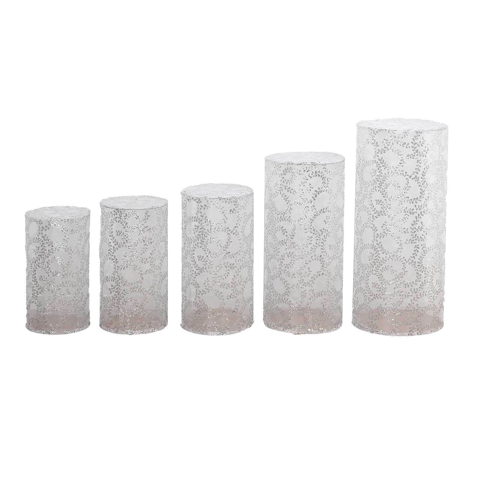 Set of 5 Silver Sequin Mesh Cylinder Pedestal Stand Covers with Leaf Vine Embroidery, Sparkly Sheer Tulle Pillar Prop Covers - Bell Racket Store