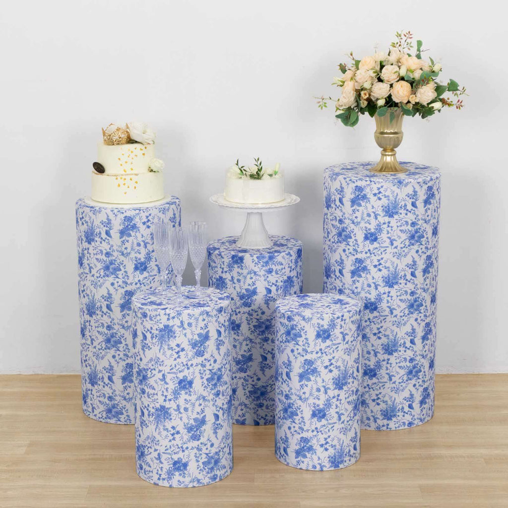 Set of 5 White Blue Spandex Cylinder Pedestal Stand Covers in French Toile Floral Pattern, Stretchable Pillar Prop Covers - 160 GSM - Bell Racket Store