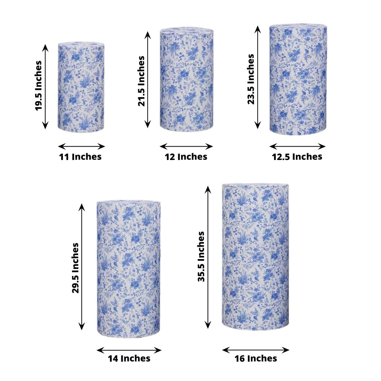 Set of 5 White Blue Spandex Cylinder Pedestal Stand Covers in French Toile Floral Pattern, Stretchable Pillar Prop Covers - 160 GSM - Bell Racket Store