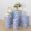 Set of 5 White Blue Spandex Cylinder Pedestal Stand Covers in French Toile Floral Pattern, Stretchable Pillar Prop Covers - 160 GSM - Bell Racket Store