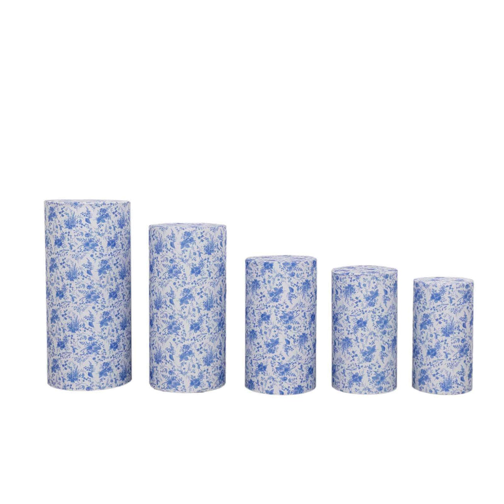 Set of 5 White Blue Spandex Cylinder Pedestal Stand Covers in French Toile Floral Pattern, Stretchable Pillar Prop Covers - 160 GSM - Bell Racket Store