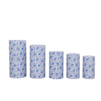 Set of 5 White Blue Spandex Cylinder Pedestal Stand Covers in French Toile Floral Pattern, Stretchable Pillar Prop Covers - 160 GSM - Bell Racket Store