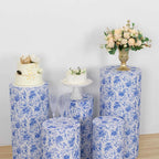 Set of 5 White Blue Spandex Cylinder Pedestal Stand Covers in French Toile Floral Pattern, Stretchable Pillar Prop Covers - 160 GSM - Bell Racket Store
