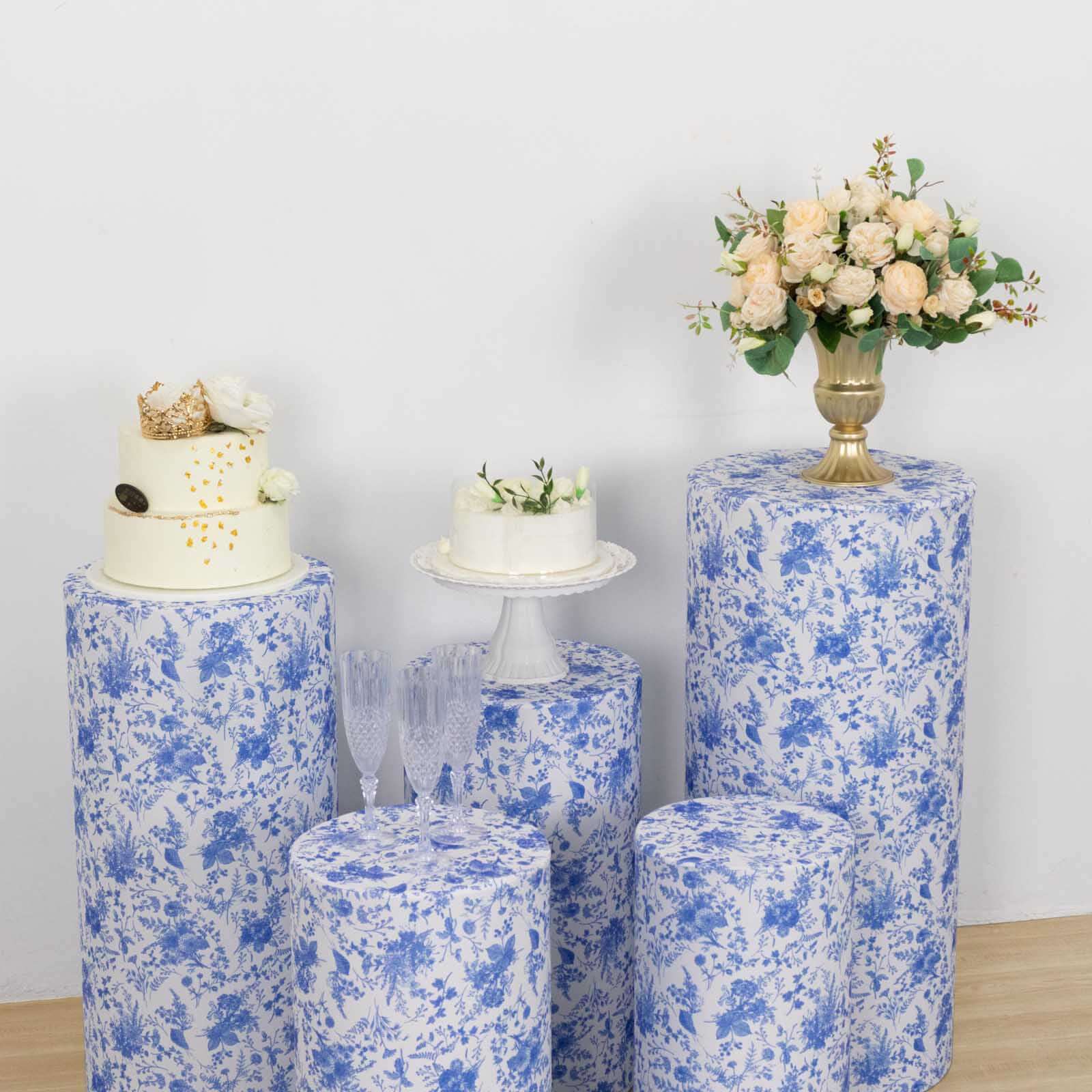 Set of 5 White Blue Spandex Cylinder Pedestal Stand Covers in French Toile Floral Pattern, Stretchable Pillar Prop Covers - 160 GSM - Bell Racket Store