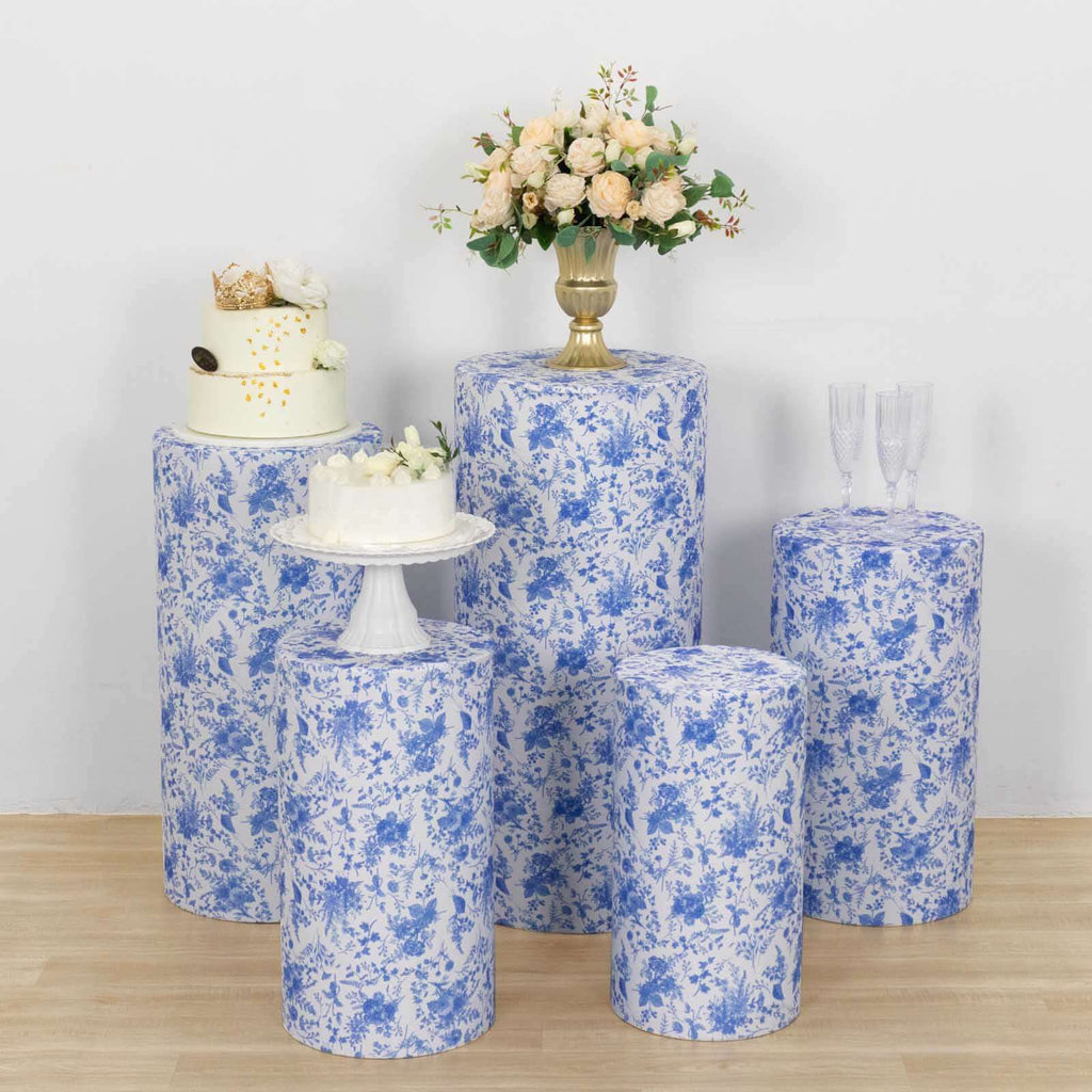 Set of 5 White Blue Spandex Cylinder Pedestal Stand Covers in French Toile Floral Pattern, Stretchable Pillar Prop Covers - 160 GSM - Bell Racket Store
