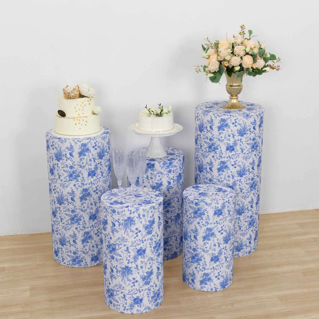 Set of 5 White Blue Spandex Cylinder Pedestal Stand Covers in French Toile Floral Pattern, Stretchable Pillar Prop Covers - 160 GSM - Bell Racket Store