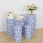 Set of 5 White Blue Spandex Cylinder Pedestal Stand Covers in French Toile Floral Pattern, Stretchable Pillar Prop Covers - 160 GSM - Bell Racket Store