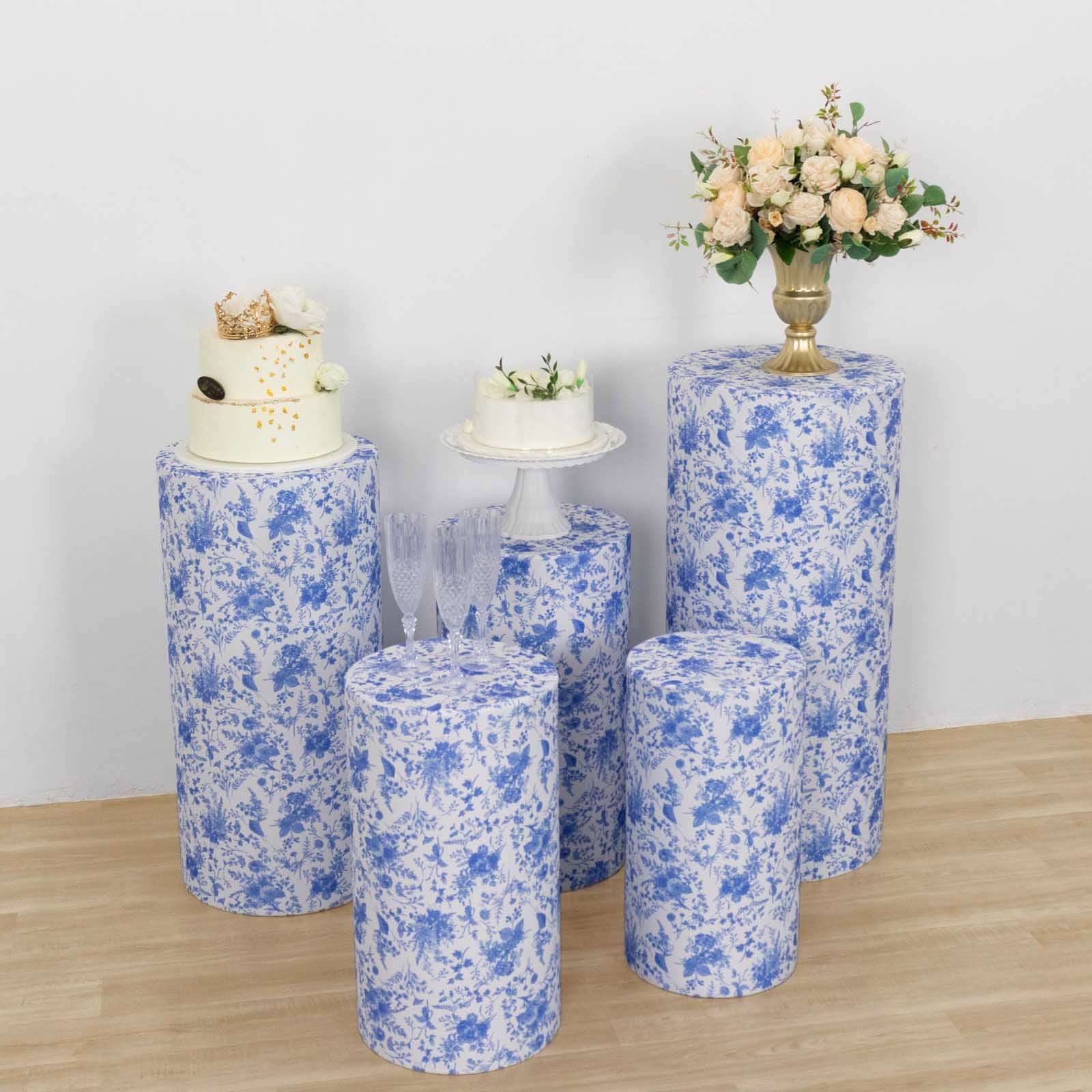 Set of 5 White Blue Spandex Cylinder Pedestal Stand Covers in French Toile Floral Pattern, Stretchable Pillar Prop Covers - 160 GSM - Bell Racket Store