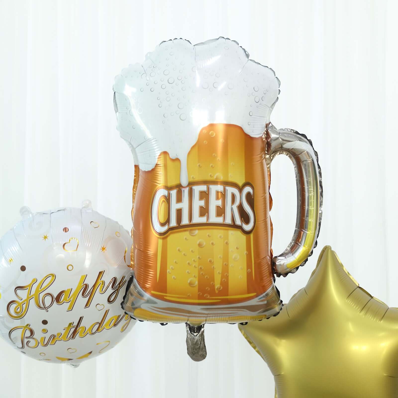 Set of 5 White Gold Round Happy Birthday Mylar Foil Helium Balloon Set, Cheers Beer Mug, Star Balloon Bouquet With Ribbon Birthday Party Decorations - Bell Racket Store