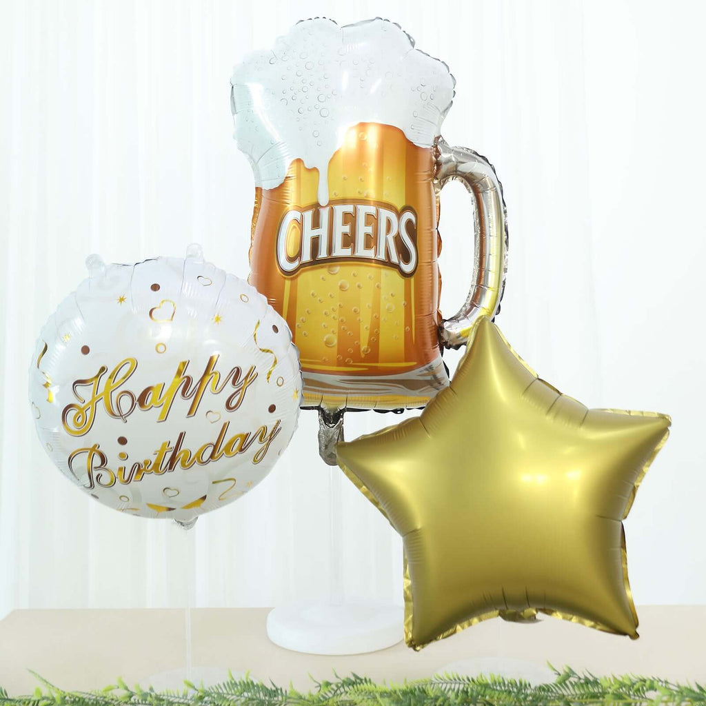 Set of 5 White Gold Round Happy Birthday Mylar Foil Helium Balloon Set, Cheers Beer Mug, Star Balloon Bouquet With Ribbon Birthday Party Decorations - Bell Racket Store
