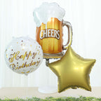 Set of 5 White Gold Round Happy Birthday Mylar Foil Helium Balloon Set, Cheers Beer Mug, Star Balloon Bouquet With Ribbon Birthday Party Decorations - Bell Racket Store
