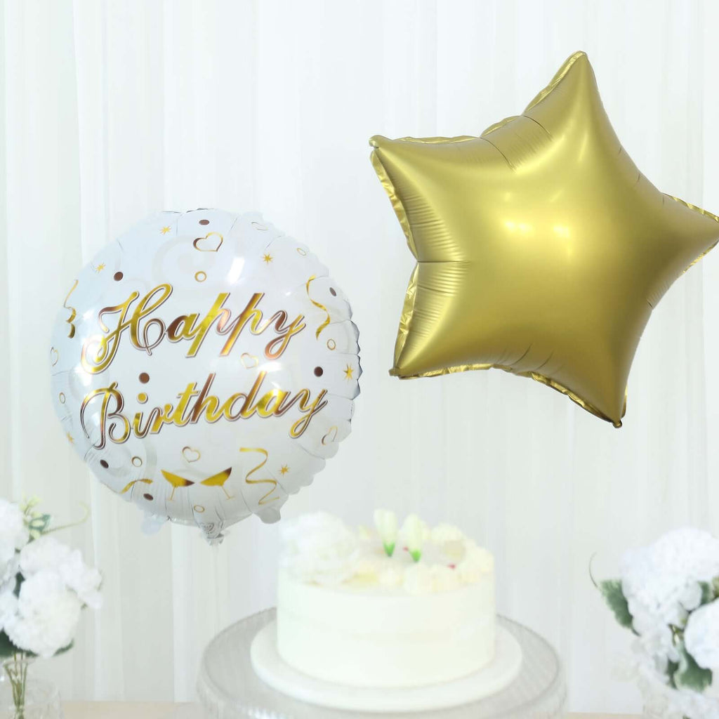 Set of 5 White Gold Round Happy Birthday Mylar Foil Helium Balloon Set, Cheers Beer Mug, Star Balloon Bouquet With Ribbon Birthday Party Decorations - Bell Racket Store