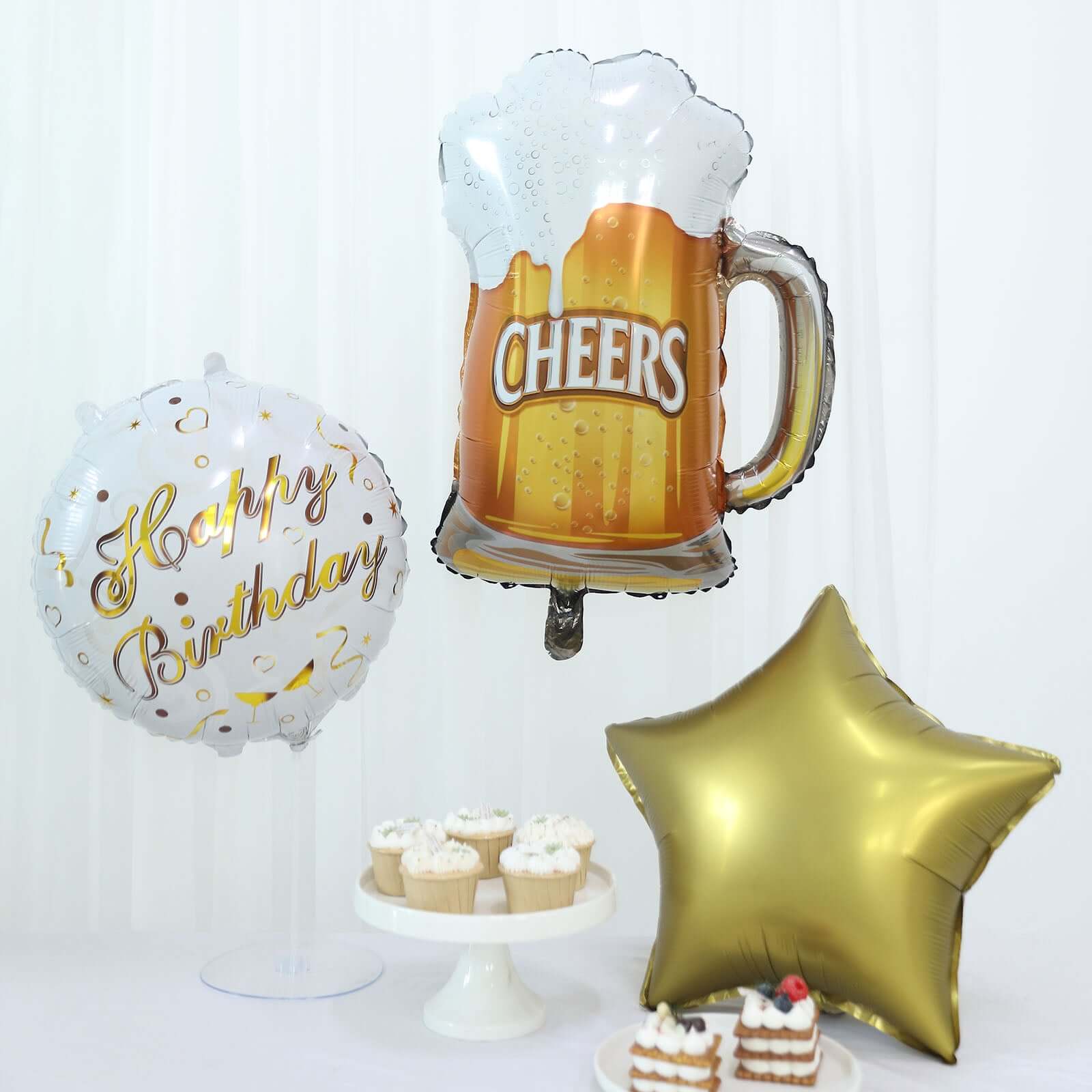 Set of 5 White Gold Round Happy Birthday Mylar Foil Helium Balloon Set, Cheers Beer Mug, Star Balloon Bouquet With Ribbon Birthday Party Decorations - Bell Racket Store