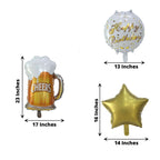 Set of 5 White Gold Round Happy Birthday Mylar Foil Helium Balloon Set, Cheers Beer Mug, Star Balloon Bouquet With Ribbon Birthday Party Decorations - Bell Racket Store