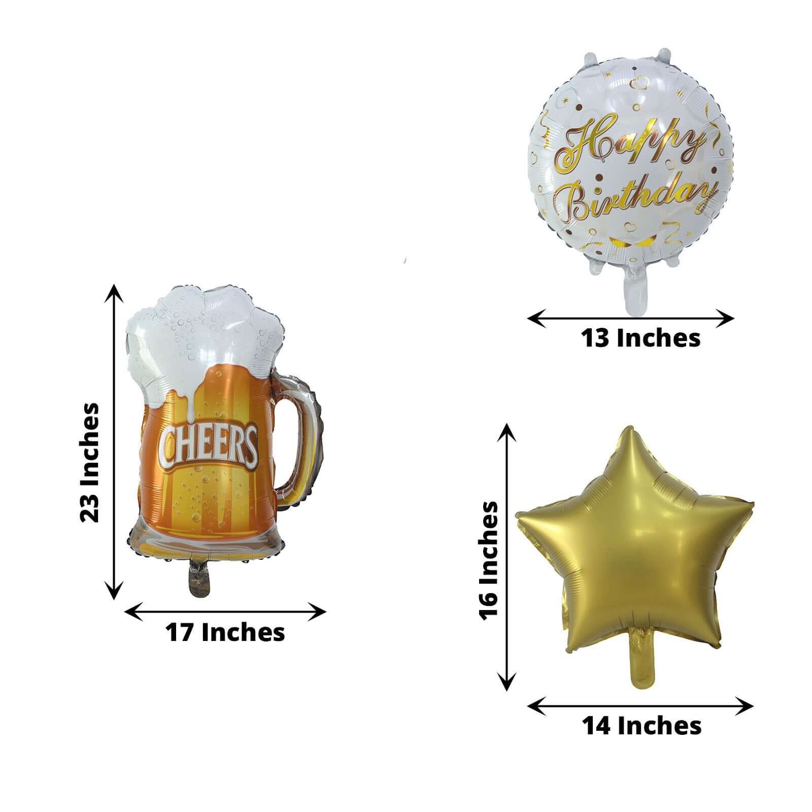 Set of 5 White Gold Round Happy Birthday Mylar Foil Helium Balloon Set, Cheers Beer Mug, Star Balloon Bouquet With Ribbon Birthday Party Decorations - Bell Racket Store