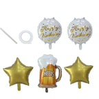 Set of 5 White Gold Round Happy Birthday Mylar Foil Helium Balloon Set, Cheers Beer Mug, Star Balloon Bouquet With Ribbon Birthday Party Decorations - Bell Racket Store