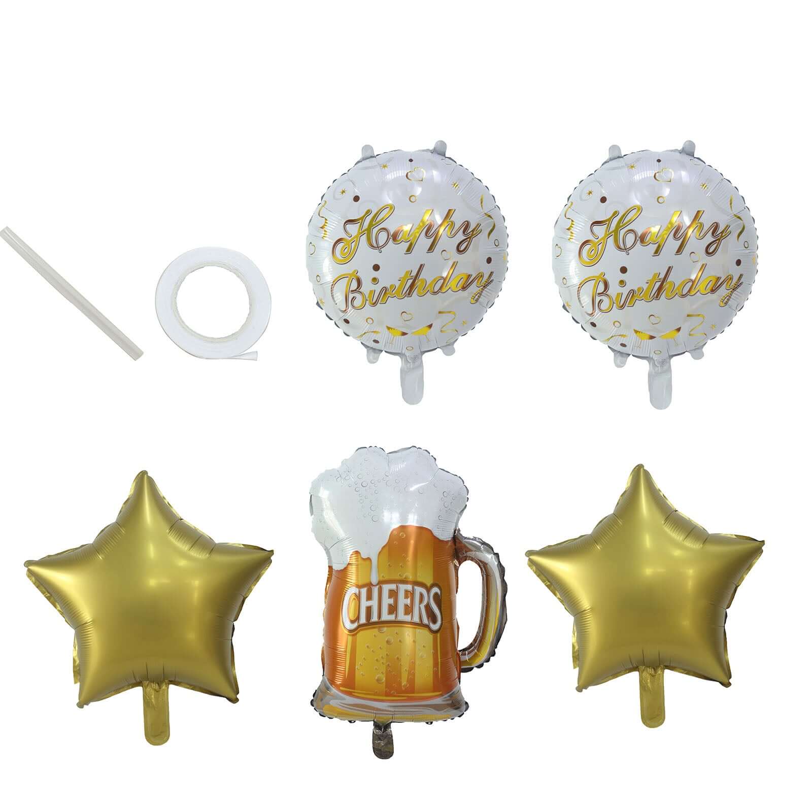 Set of 5 White Gold Round Happy Birthday Mylar Foil Helium Balloon Set, Cheers Beer Mug, Star Balloon Bouquet With Ribbon Birthday Party Decorations - Bell Racket Store