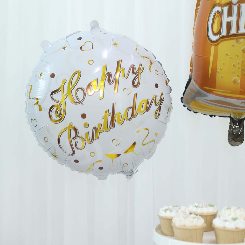 Set of 5 White Gold Round Happy Birthday Mylar Foil Helium Balloon Set, Cheers Beer Mug, Star Balloon Bouquet With Ribbon Birthday Party Decorations - Bell Racket Store