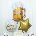 Set of 5 White Gold Round Happy Birthday Mylar Foil Helium Balloon Set, Cheers Beer Mug, Star Balloon Bouquet With Ribbon Birthday Party Decorations - Bell Racket Store