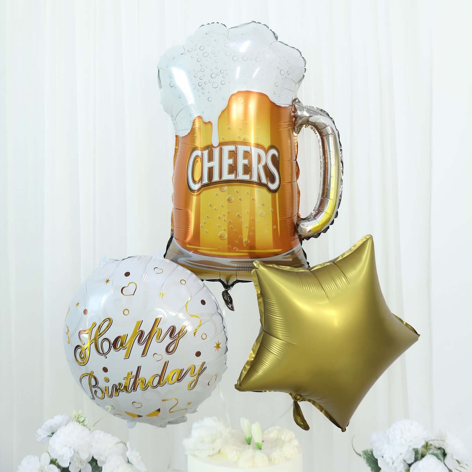 Set of 5 White Gold Round Happy Birthday Mylar Foil Helium Balloon Set, Cheers Beer Mug, Star Balloon Bouquet With Ribbon Birthday Party Decorations - Bell Racket Store