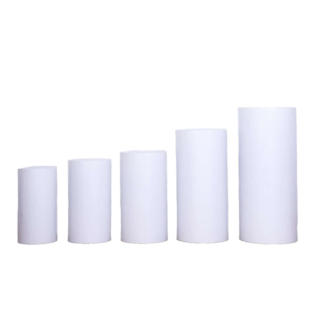 Set of 5 White Metal Cylinder Pillar Prop Stands For Wedding Aisle, Round Plinth Pedestal Display Boxes - 20",22",24",28",32" - Bell Racket Store