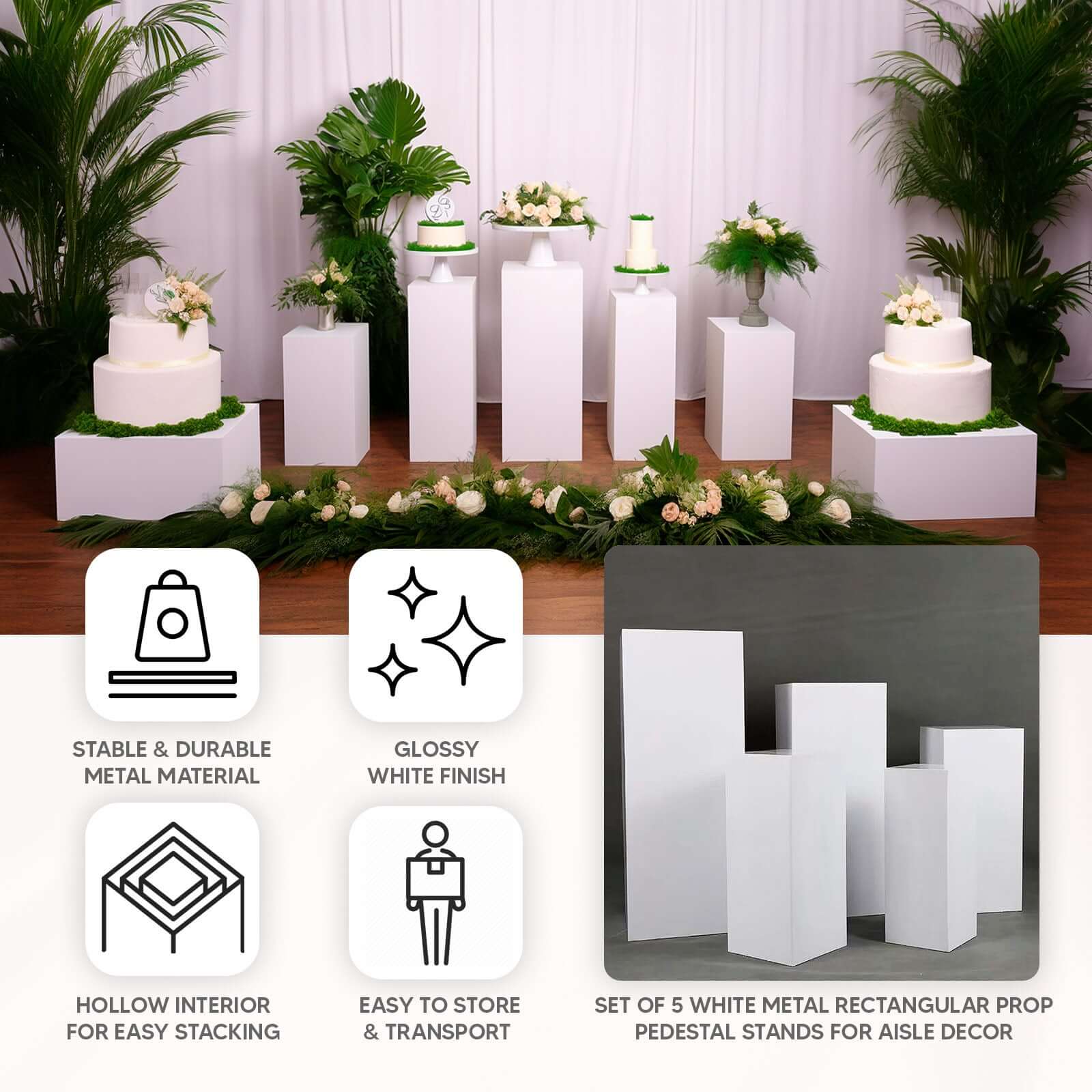 Set of 5 White Metal Rectangular Prop Pedestal Stands Backdrop Decor, Plinth Pillar Display Boxes - Bell Racket Store