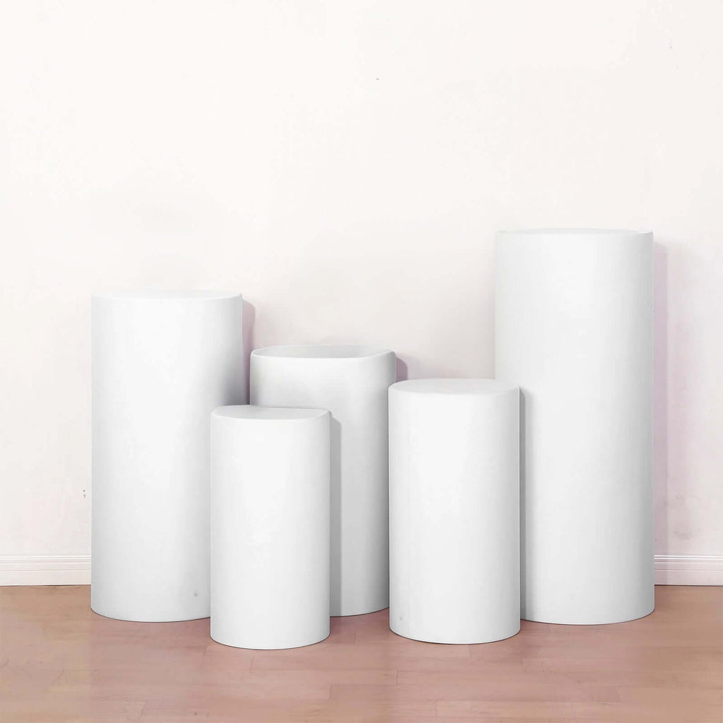 Set of 5 White Spandex Cylinder Pedestal Stand Covers, Stretchable Pillar Prop Covers - 160 GSM - Bell Racket Store