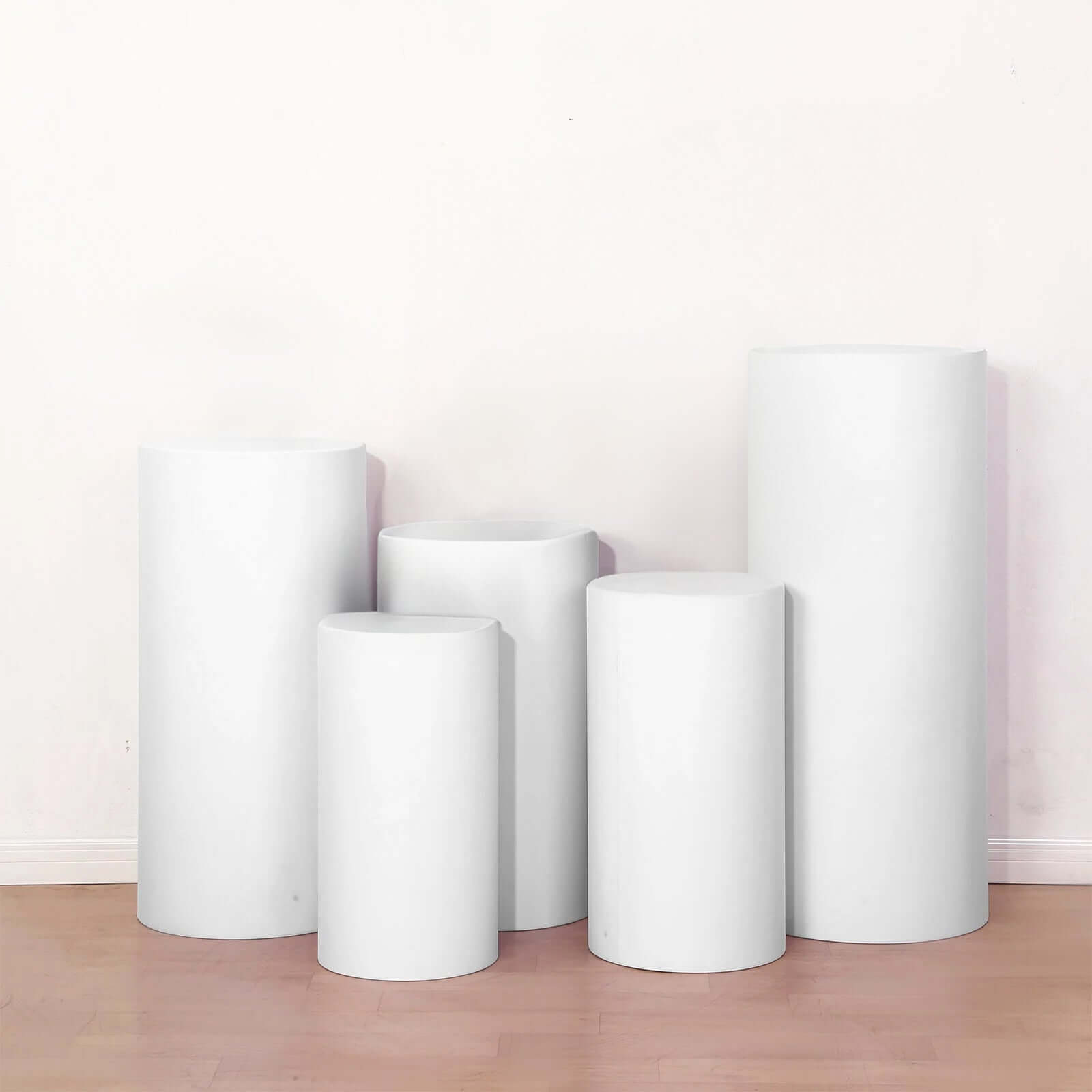 Set of 5 White Spandex Cylinder Pedestal Stand Covers, Stretchable Pillar Prop Covers - 160 GSM - Bell Racket Store